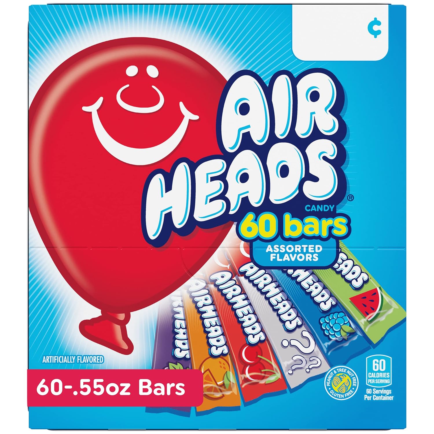 Airheads Full-Size Candy Bars, Assorted Taffy Variety Pack, 60 Count Box | Individually Wrapped Bulk Candy, Six Assorted Fruit Flavors, Artificially Flavored
