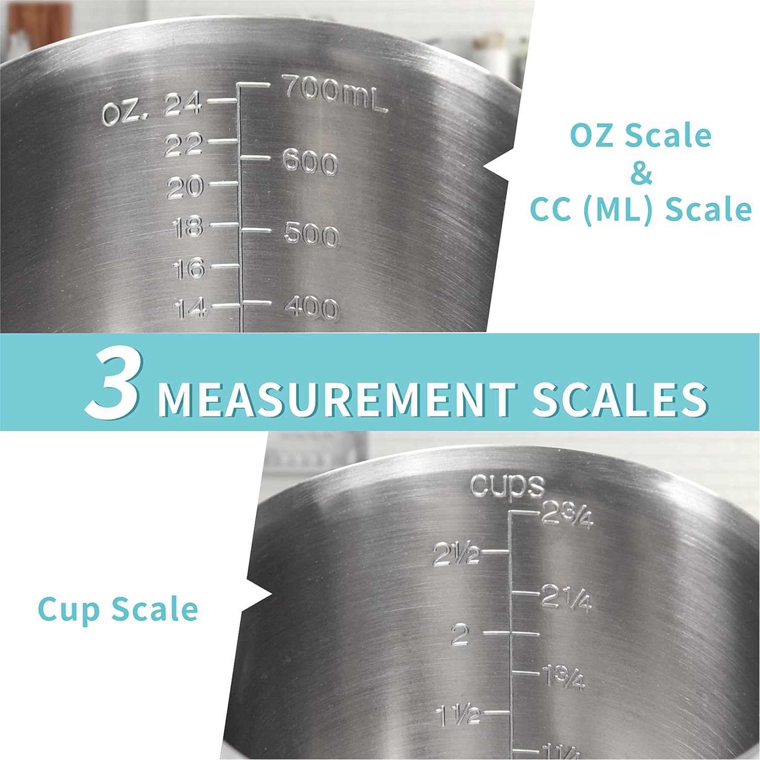 Newness Stainless Steel Measuring Cup, Metal Measuring Cup with Handle (Upgraded, 3 Marking Including Cup/ML/Ounce Scale), 16 Ounces (0.5 Liter, 2 Cup)