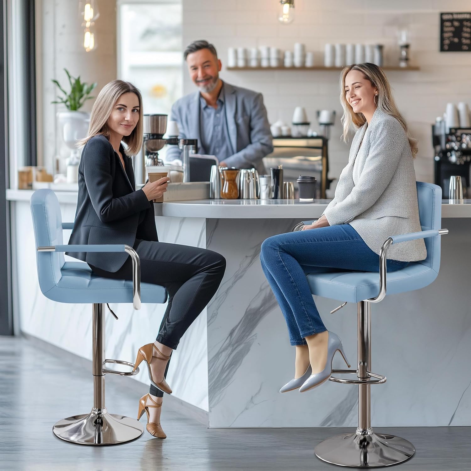 Yaheetech Bar Stools Set of 2, Swivel with Backs, Adjustable Height, White | 360° Swivel Barstools Feature Padded PU Leather Seats, Supportive Backs, 300 lb Capacity for Kitchen Islands