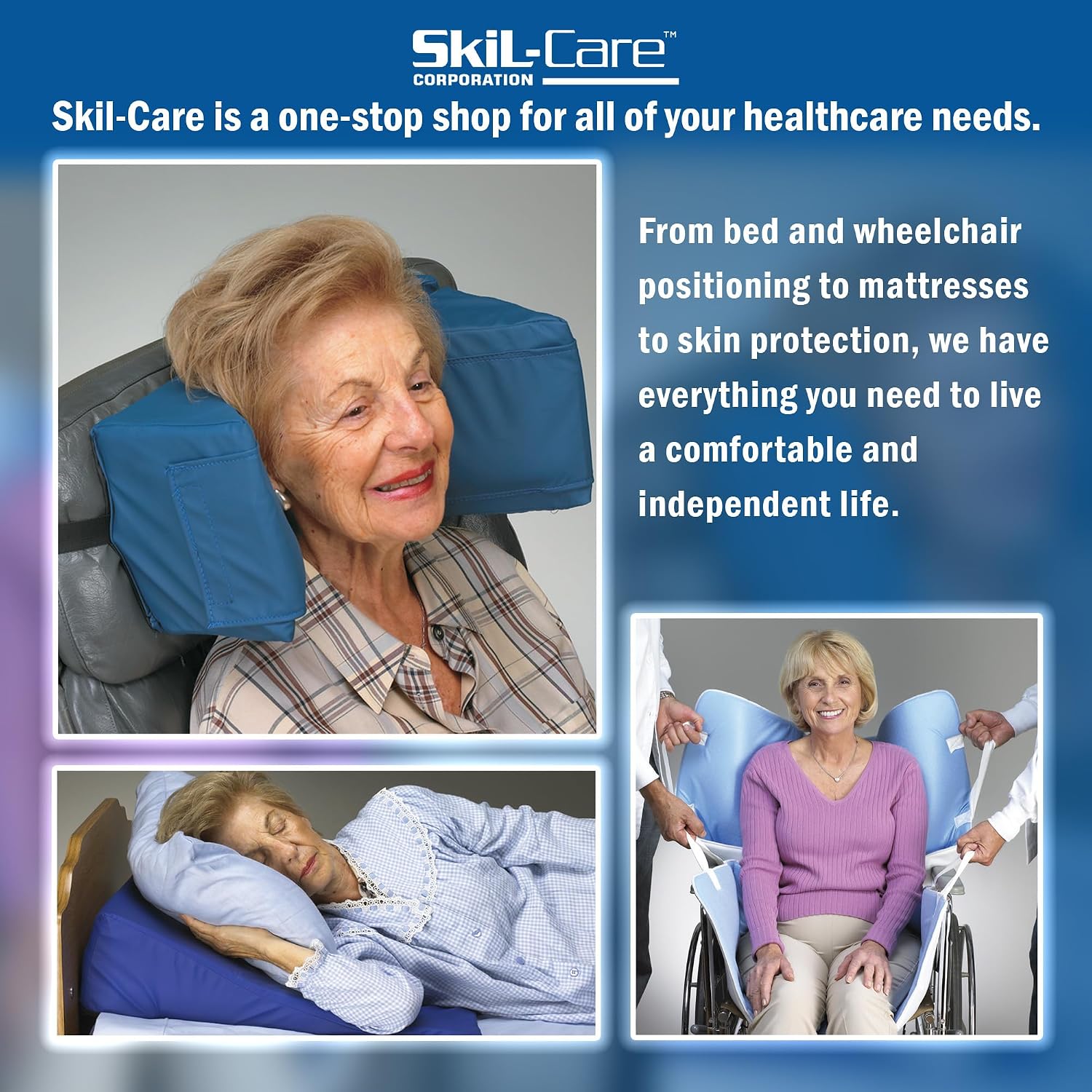 Skil-Care Foam-Padded Lateral Arm Trough Support Tray, Universal Chair Fit | 706142, Mounts to Any Chair with Armrest, Stabilizes and Supports Upper Trunk, Nylon Wipe-Clean Cover, Blue, Universal Fit