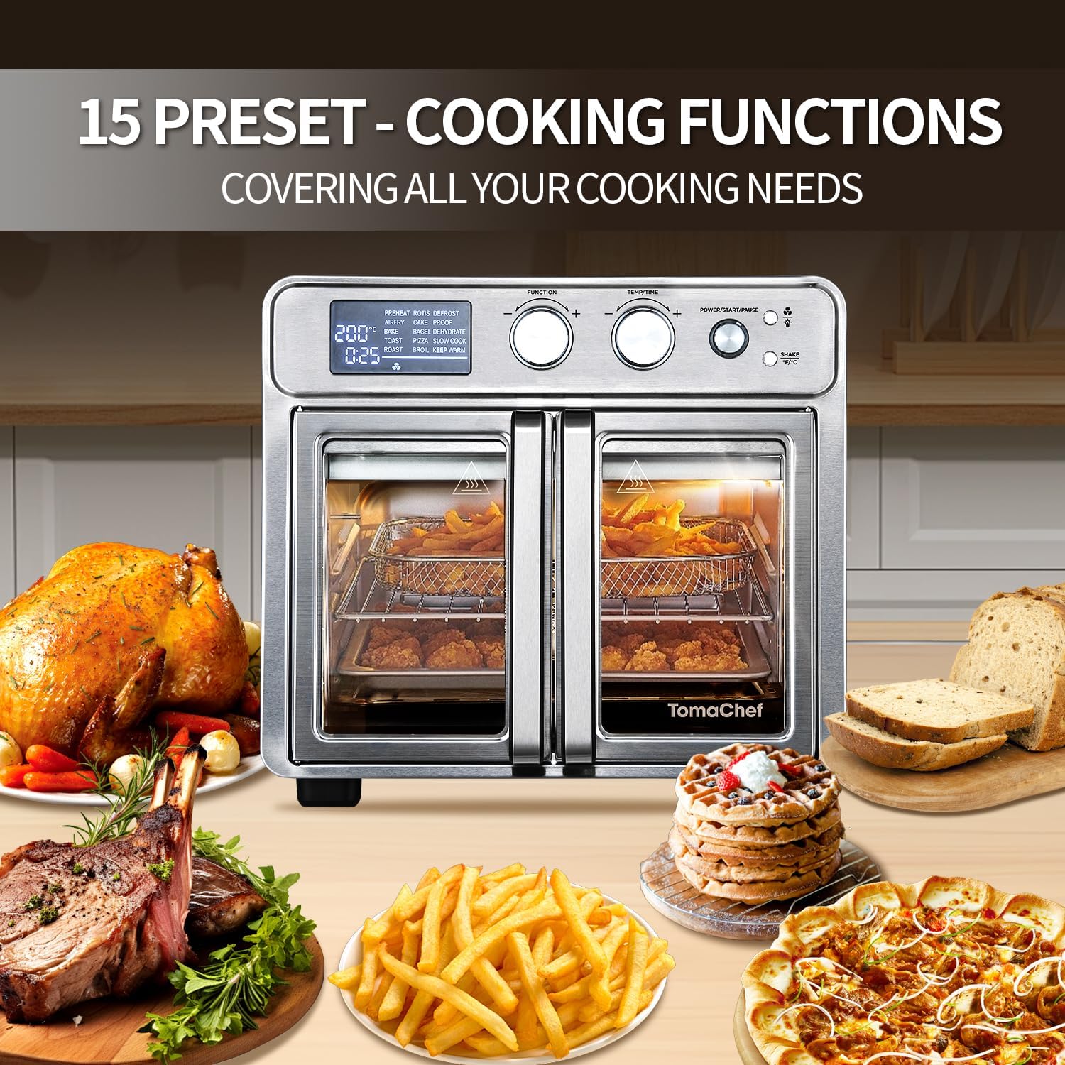 TomaChef 26QT French Door Air Fryer Oven Combo, 15-in-1 | 15 Cooking Functions and Digital Controls, 30 Recipes & 5 Accessories