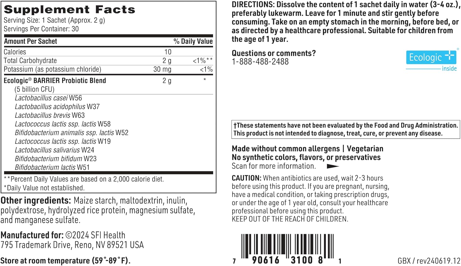 Klaire Labs SFI Health Probiotic Powder, 30 Packets | Target gb-X with Bifidobacterium & Lactobacillus