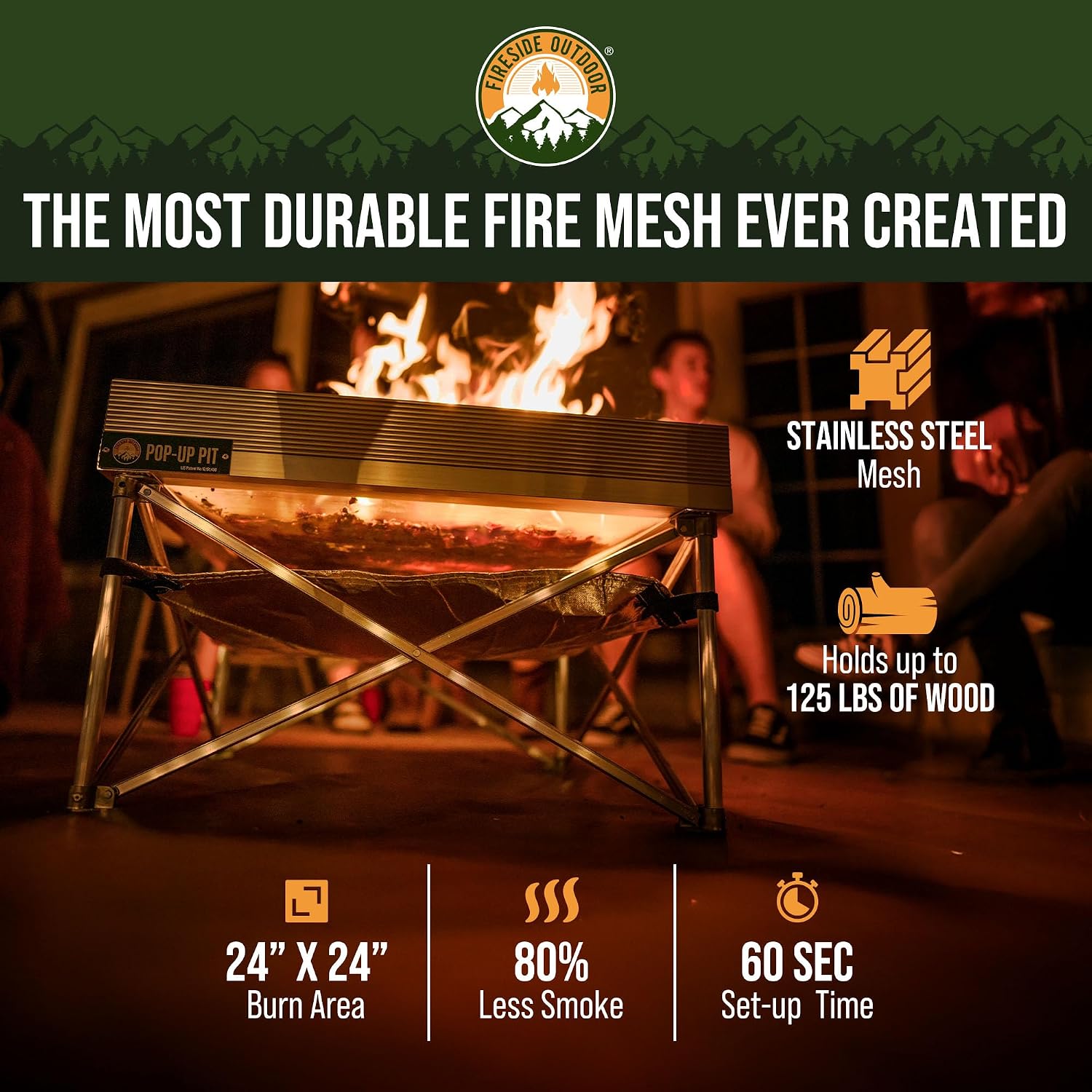 Fireside Outdoor Pop Up Pit Replacement Mesh 24"x24" for Small Portable Fire Pit Wood Burning, Campfire Pits, Mesh Firepit, Camping Fire Pits Portable