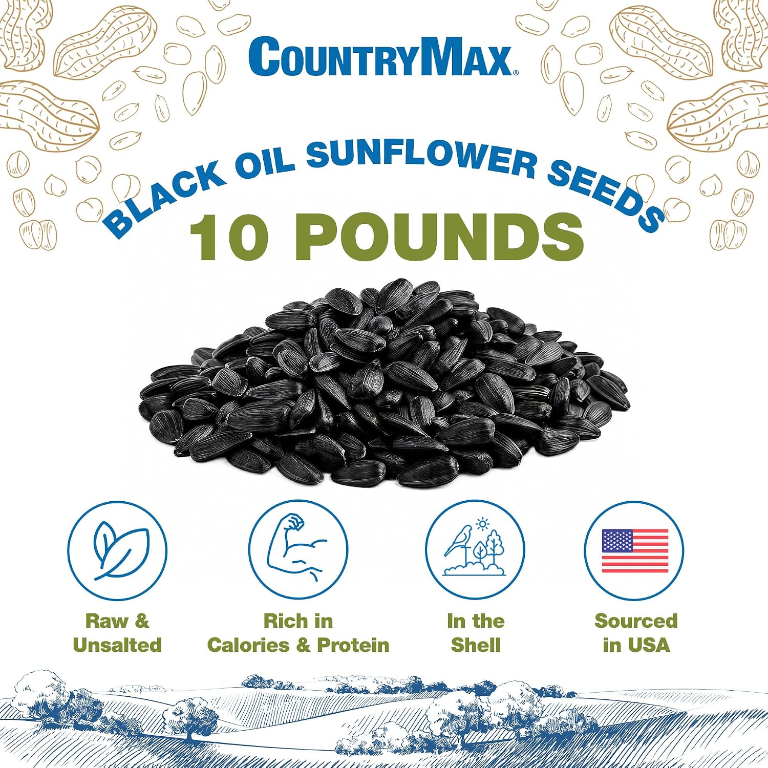 CountryMax Shelled Sunflower Chips 10 lb - No Waste Bird Seed for Outside Feeders, Resealable Bag of Wild Bird Feed | For Smaller Beaks, No Mess, No Waste. High Energy & USA Sourced. For Ground Feeding or Bird Feeders, For Year-Round Feeding