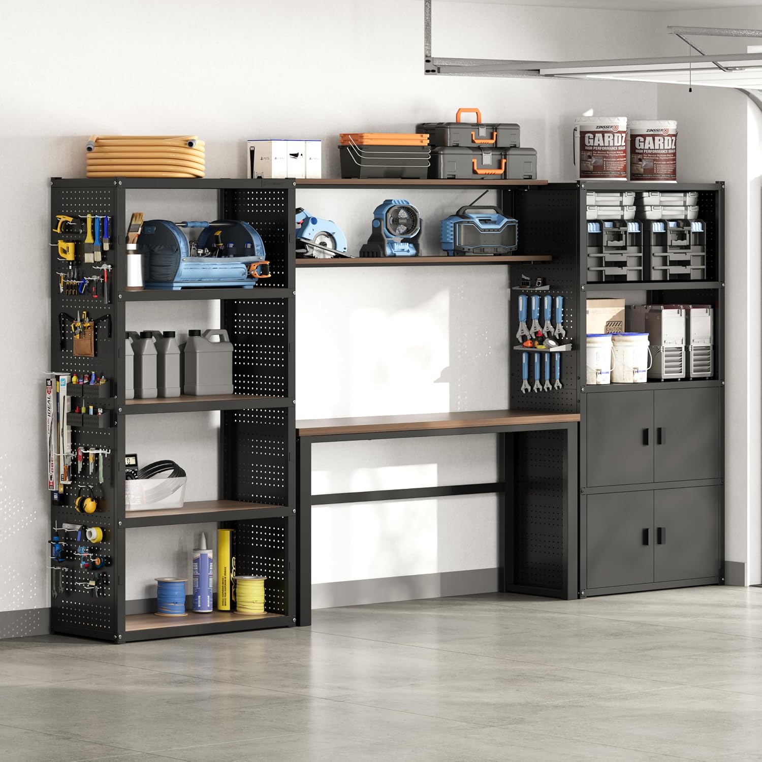 FLEXIMOUNTS 117"W Modular Garage Storage Cabinet with Workbench, Black | 6 Doors, 3700lbs capacity, Metal board shelf includes pegboard, 3-in-1 metal tool cabinet, 24-gauge steel, FLEXIMOD Series
