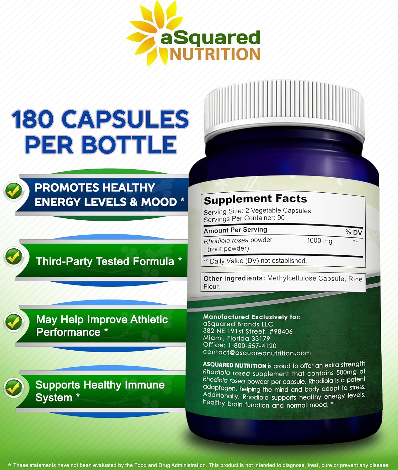 aSquared Nutrition Rhodiola Rosea Supplement 1000mg - 180 Vegan Capsules - Max Strength Rhodiola Root Extract Pills Improve Pure Energy