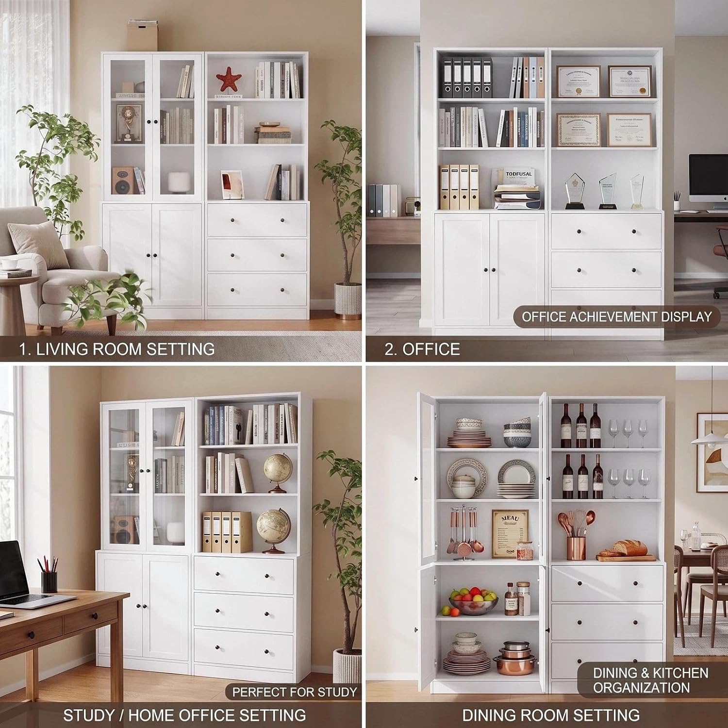 TUSY 71" H Bookcase with Storage | 6-Tier Modern Bookshelf with Drawers, Display Bookcase with Glass Doors, White Curio Cabinet for Home Office, Living Room