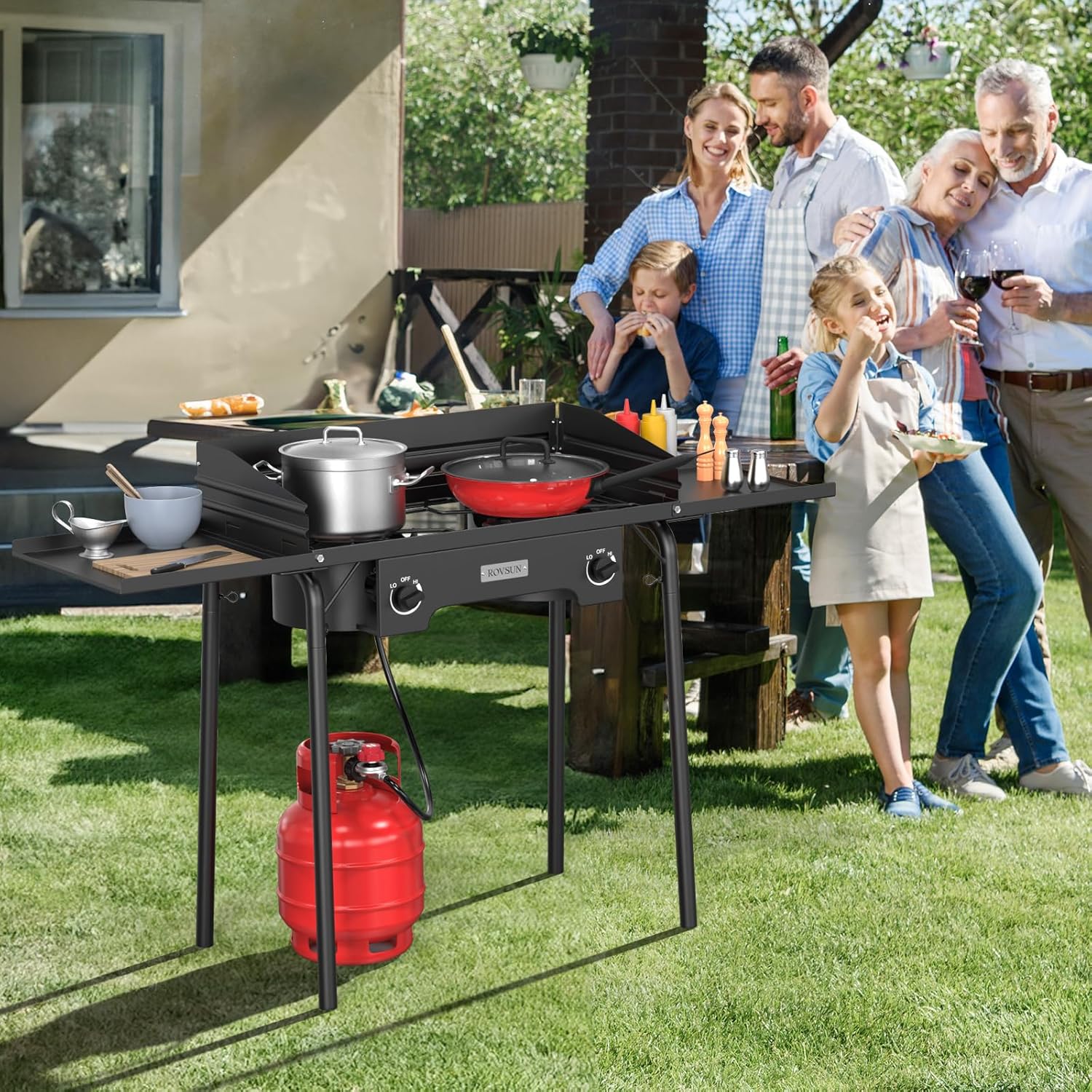 ROVSUN 2 Burner Outdoor Propane Gas Stove with Adjustable Regulator, 150,000 BTU High Pressure Stand Cooker for Backyard Cooking Camping Home Brewing Canning Turkey Frying