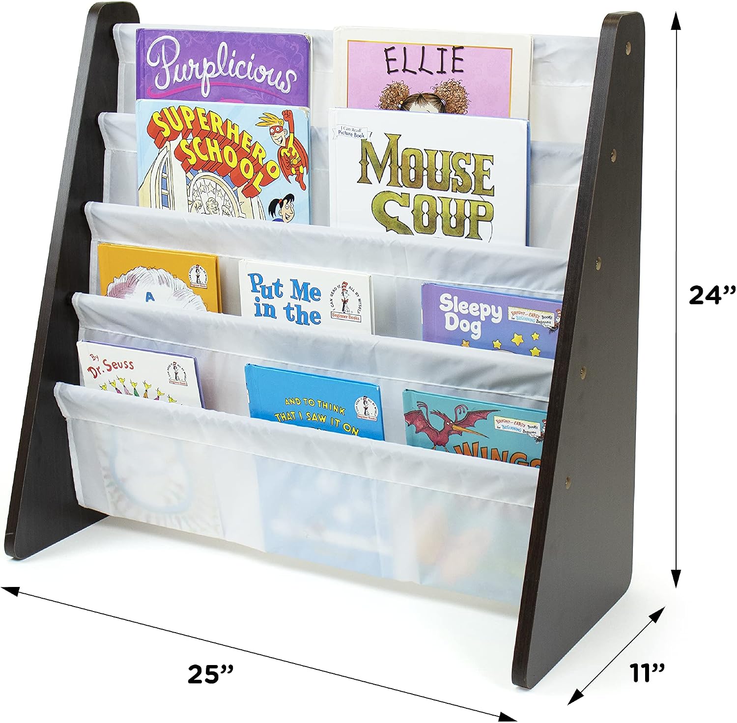Humble Crew Kids Bookshelf, Montessori Front Facing Toddler Bookcase 4 Tier | Book display rack and reading nook organizer, nylon pockets show covers face out, compact for any playroom or bedroom space