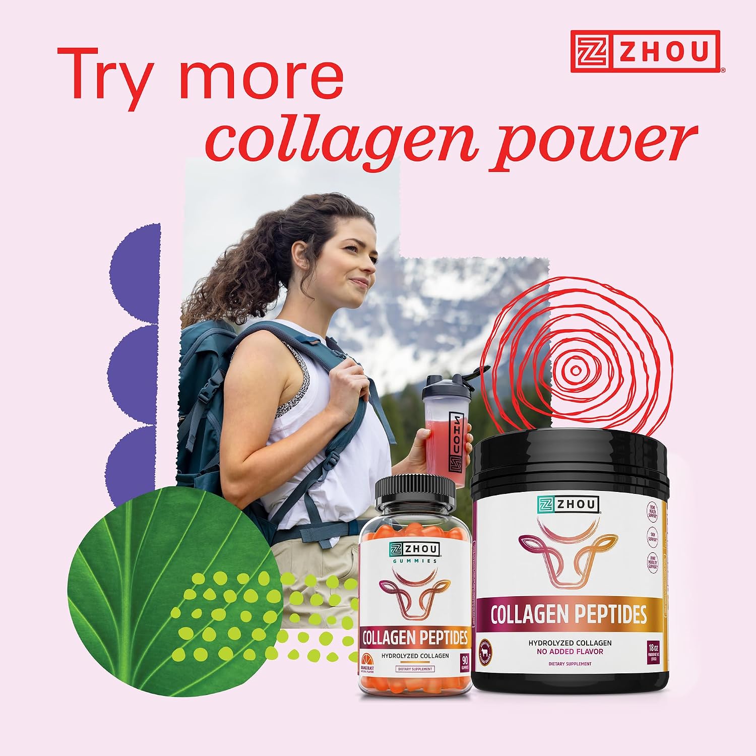 Zhou Collagen Peptides Supplement - 18 oz Jar (46 Servings) | Pure Hydrolized Collagen Powder for Women & Men, Grass Fed Natural Bovine for Skin