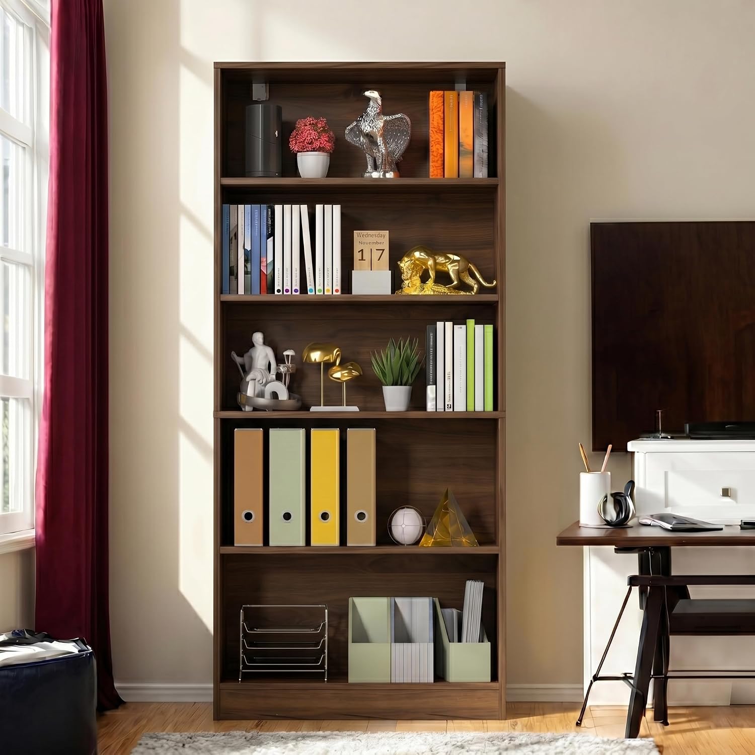 holzart 71" Tall Book Shelf, 5 Tier Large Bookshelf, Standing Wood Display Book Shelf for Living Room, Office, Library with Doors, 31.5" W x 70.87" H x 11.81" D, White