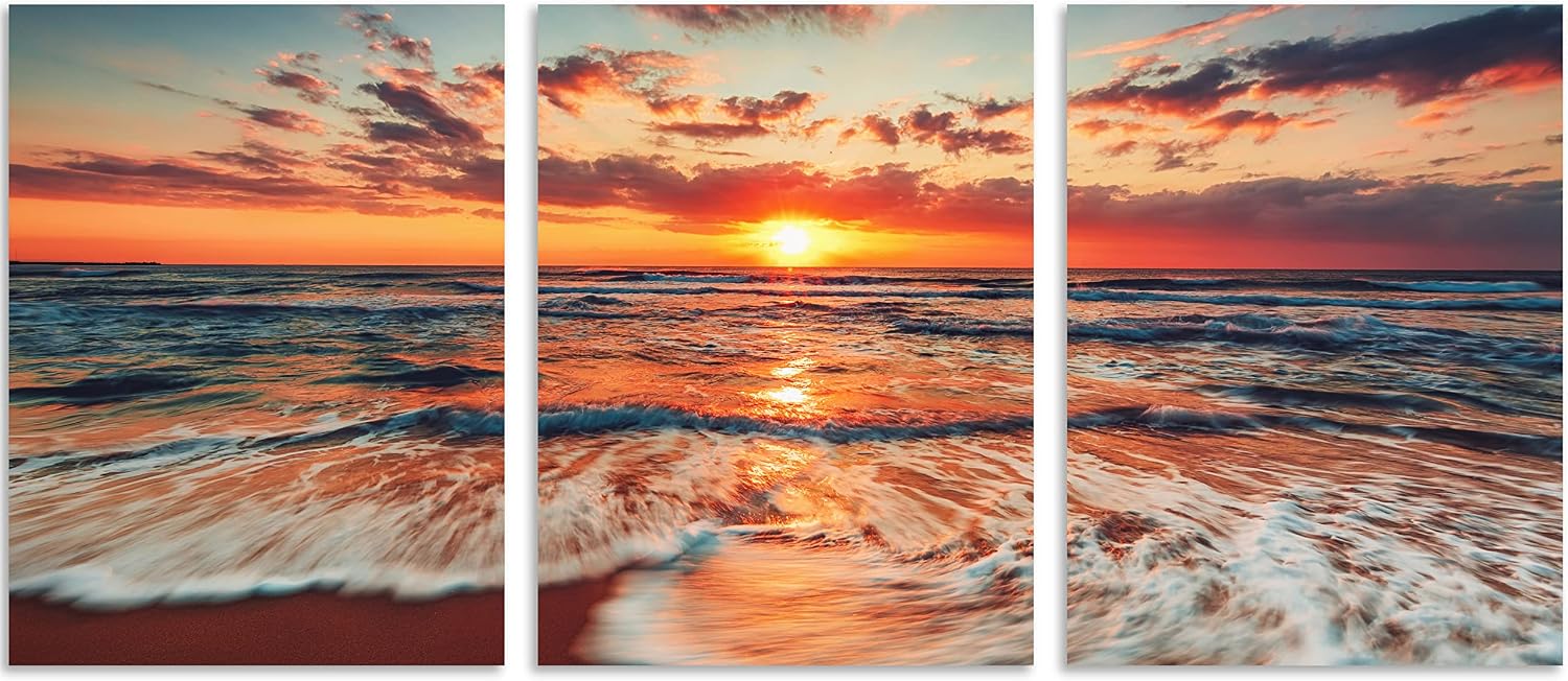 TutuBeer 3 Panel Beach Canvas Wall Art for Home Decor Blue Sea Sunset White Beach Painting the Picture Print on Canvas Seascape the Pictures for Home Decor Decoration,Ready to Hang