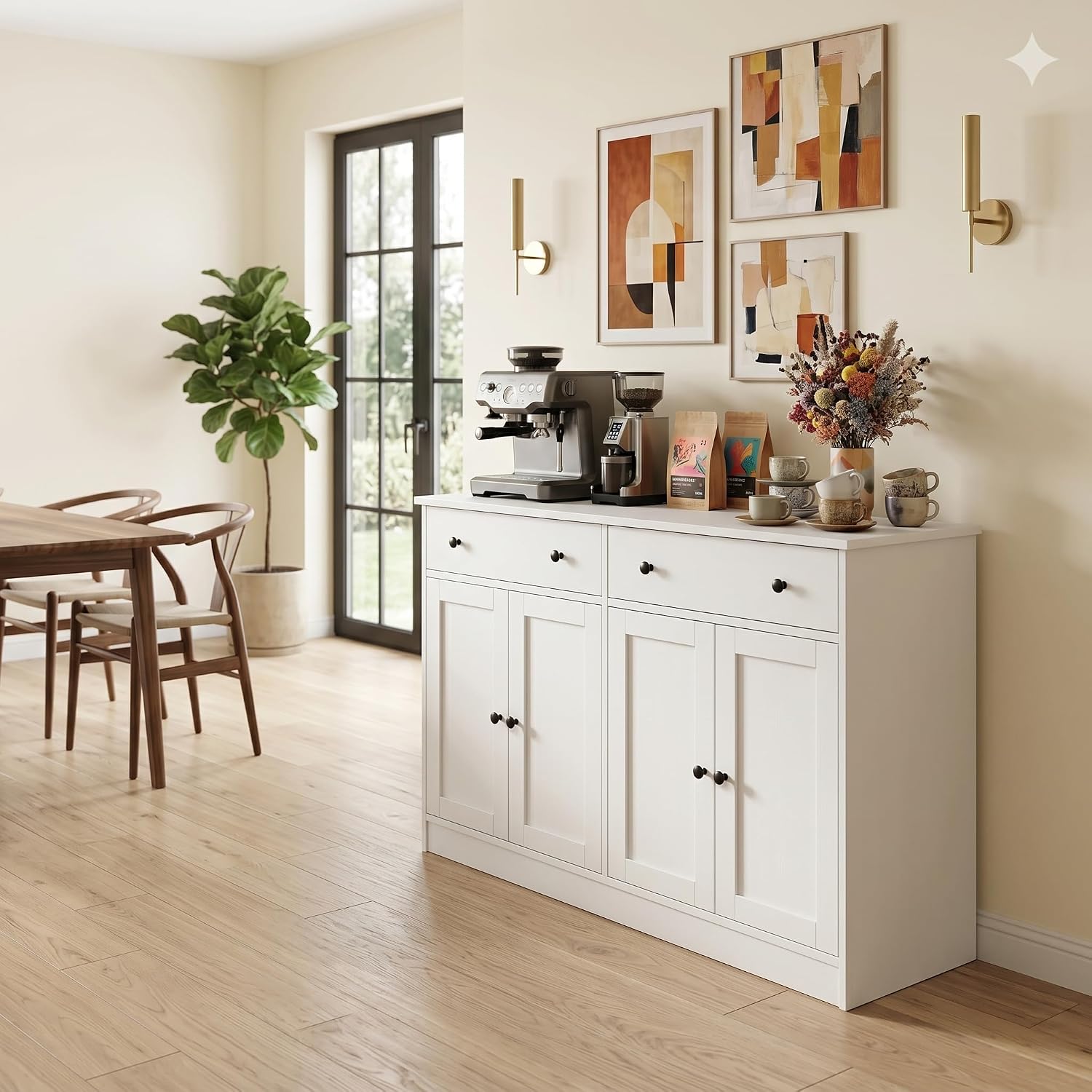 holzart White Buffet Cabinet with Storage, 49" Modern Kitchen Sideboard with 4 Doors & Adjustable Shelves, Wood Coffee Bar Cabinet Console Table for Dining Room, Living Room, Entryway