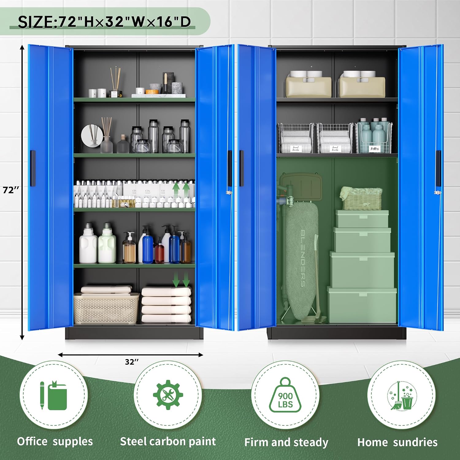 Greenvelly Steel SnapIt Storage Cabinet, 72" Locking Metal Garage Storage Cabinet with 4 Adjustable Shelves, 2 Doors and Lock for File, Office, Garage