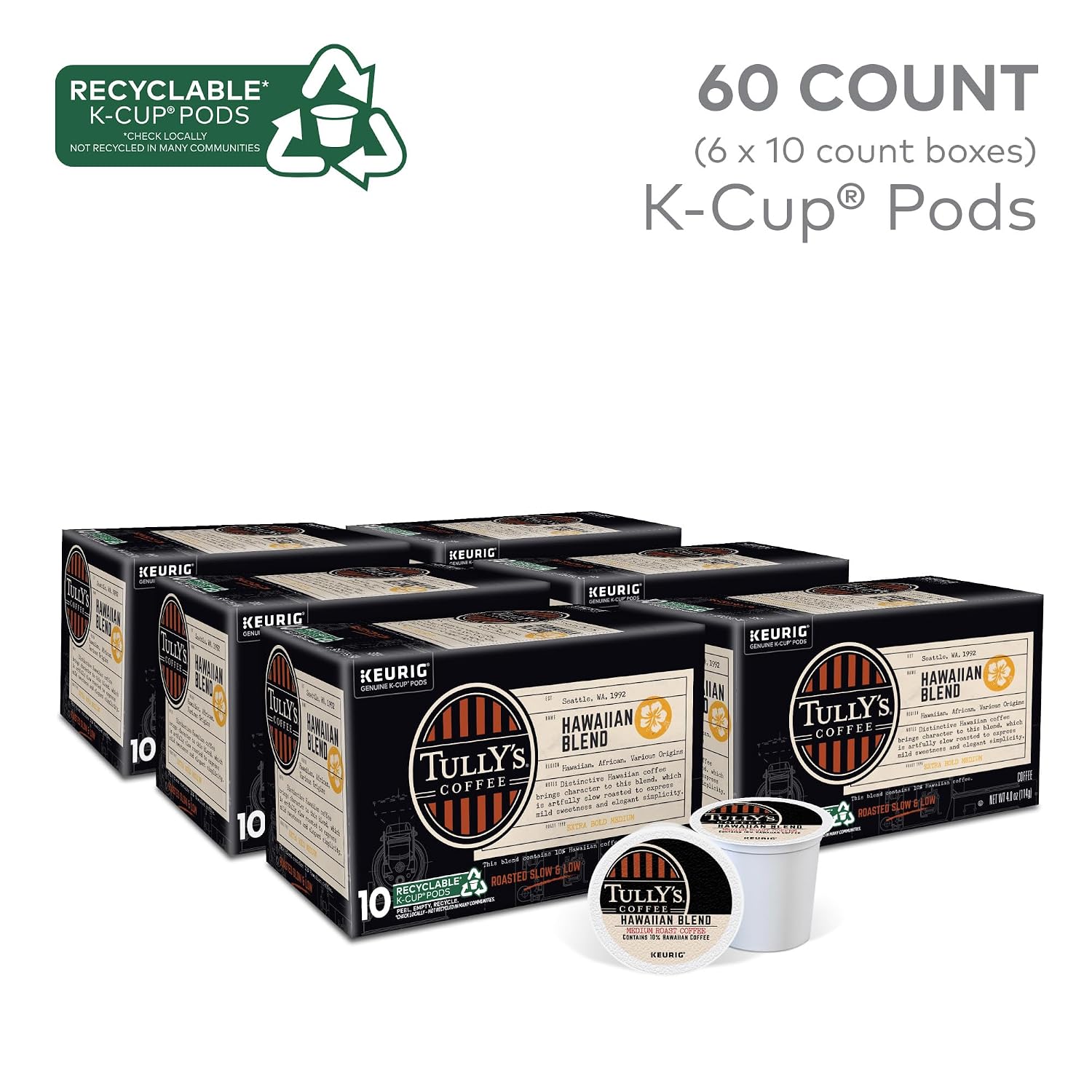 Tully's Coffee Hawaiian Blend Keurig Single-Serve K-Cup Pods, Medium Roast Coffee, 96 Count