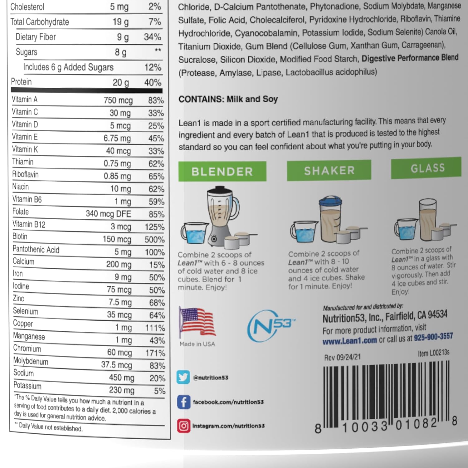 Lean1 Vanilla, Meal Replacement Protein Shake, 15 Serving Tub
