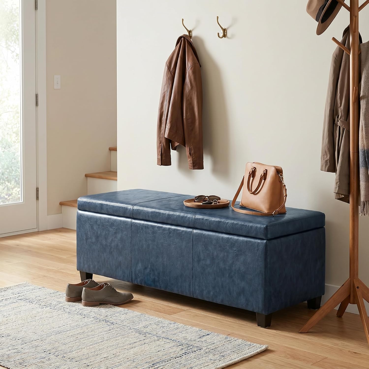 SIMPLIHOME Avalon 48" Wide Vegan Leather Storage Ottoman in Brown