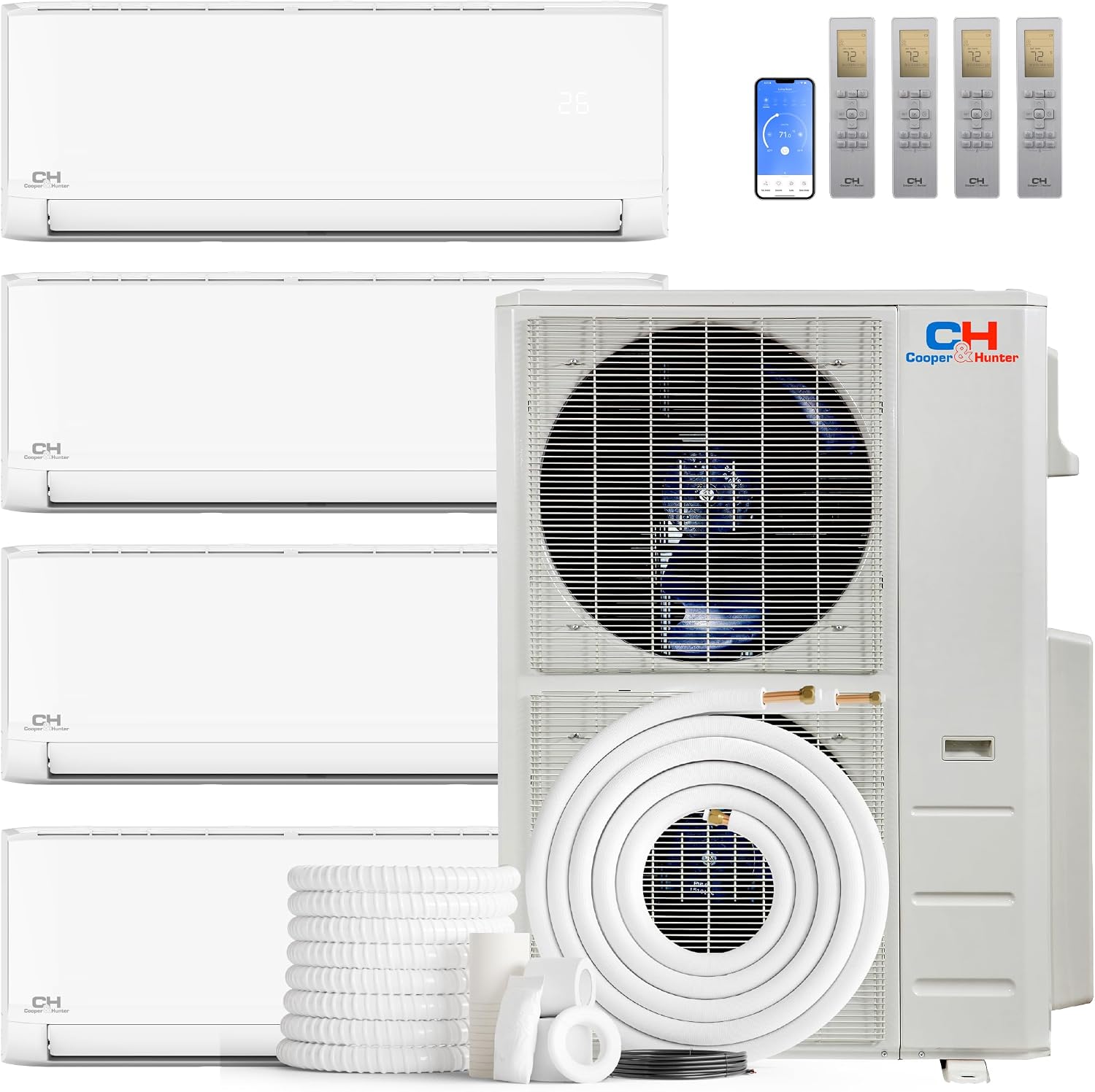 Cooper & Hunter 48,000 BTU 4-Zone Wall Mount Mini Split, 24 SEER2, 230V | 9K+12K+12K+24K BTU, Smart Kits, 25FT Install Kits, Heat Pump, Inverter, Pre-Charged, 4 Ton, Cooling & Heating, Ductless