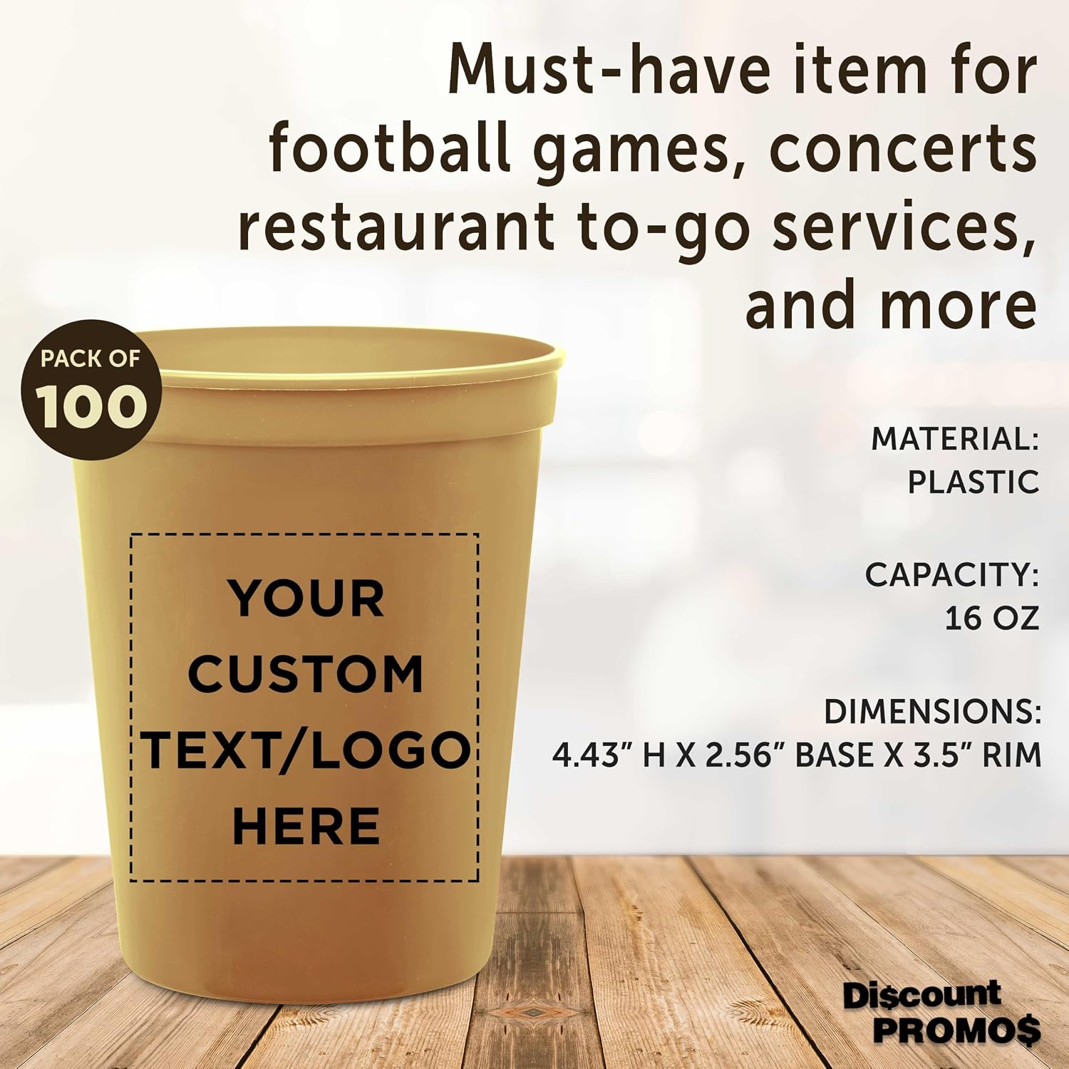DISCOUNT PROMOS Custom Plastic Stadium Cups 16 oz. Set of 10/50/100, Personalized Bulk Pack - Perfect for Birthdays, Weddings, Picnic, Beach