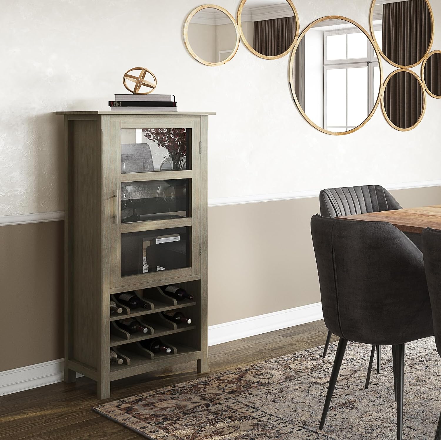 SIMPLIHOME Avalon 12-Bottle SOLID WOOD 22 Inch Wide Contemporary High Storage Wine Rack Cabinet in Dark Tobacco Brown, For the Living Room, Dining Room and Kitchen