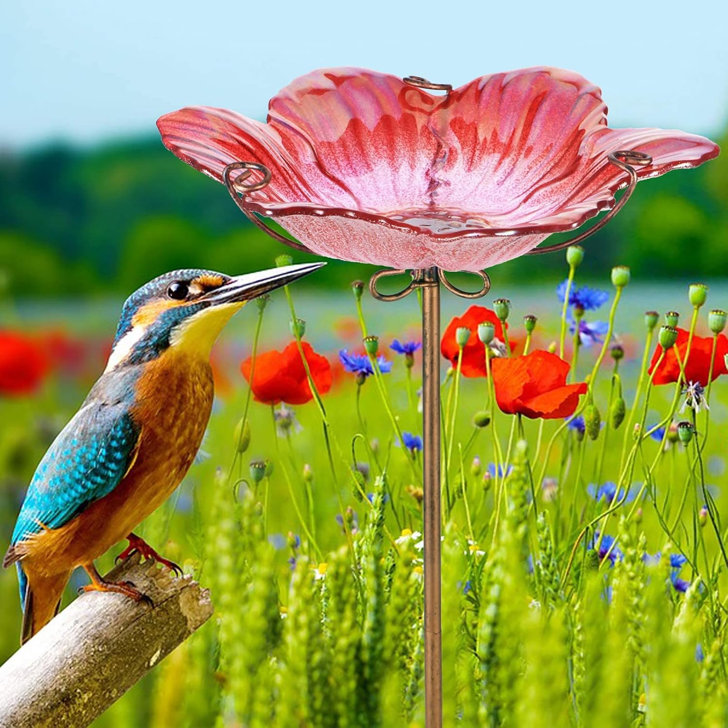 MUMTOP Glass Bird Bath Outdoor Birdfeeder Blue Flower Bowl with Metal Stake