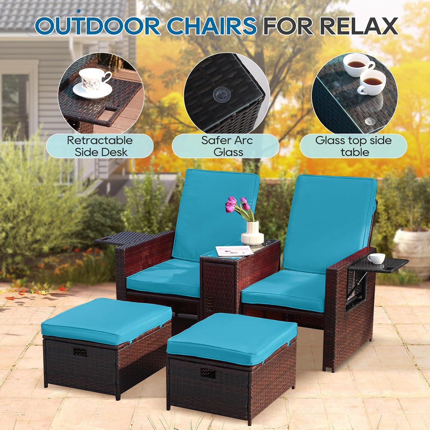 5PCS Outdoor Wicker Chaise Lounge Chair - Rattan Adjustable Reclining Patio Lounge Chair with Ottoman and Coffee Table