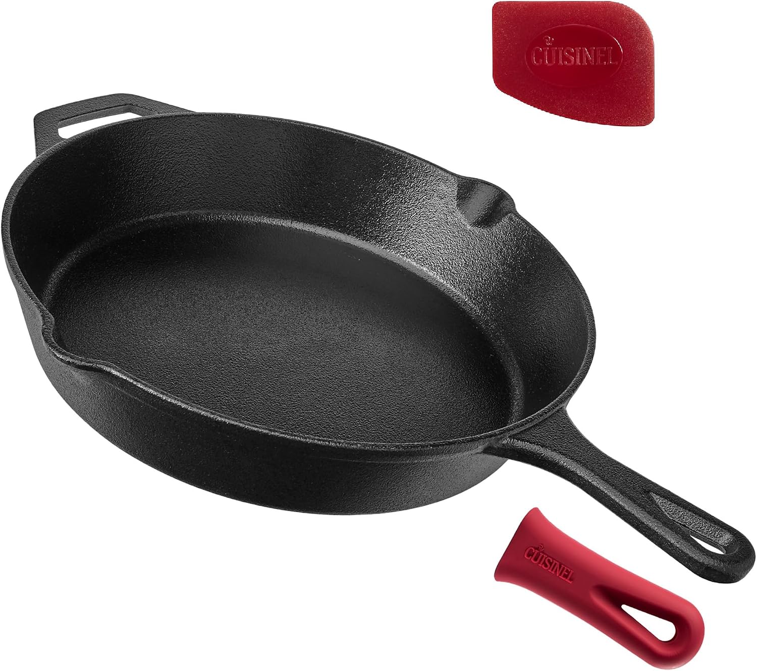 Cast Iron Skillet - 10"-Inch Frying Pan with Pour Spouts + Pan Scraper + Silicone Grip Handle Cover Holder - Pre-Seasoned Oven Cookware - Indoor/Outdoor Use - Stovetop, Induction. PFAS and PFOA-free