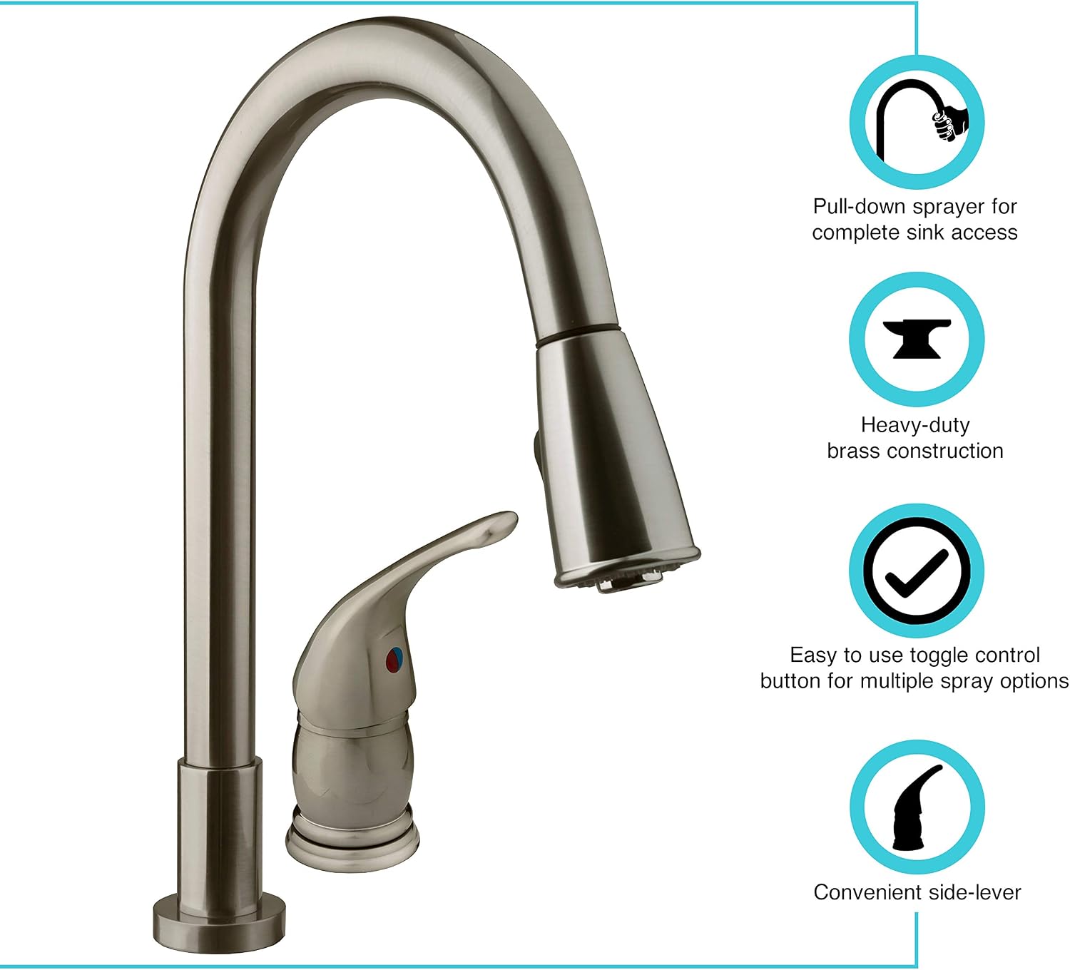 Dura Faucet DF-NMK503-SN RV Pull-Down Kitchen Sink Faucet (Satin Nickel) | Side lever gives one-hand control of temperature and flow. Easy DIY install with common hand tools.