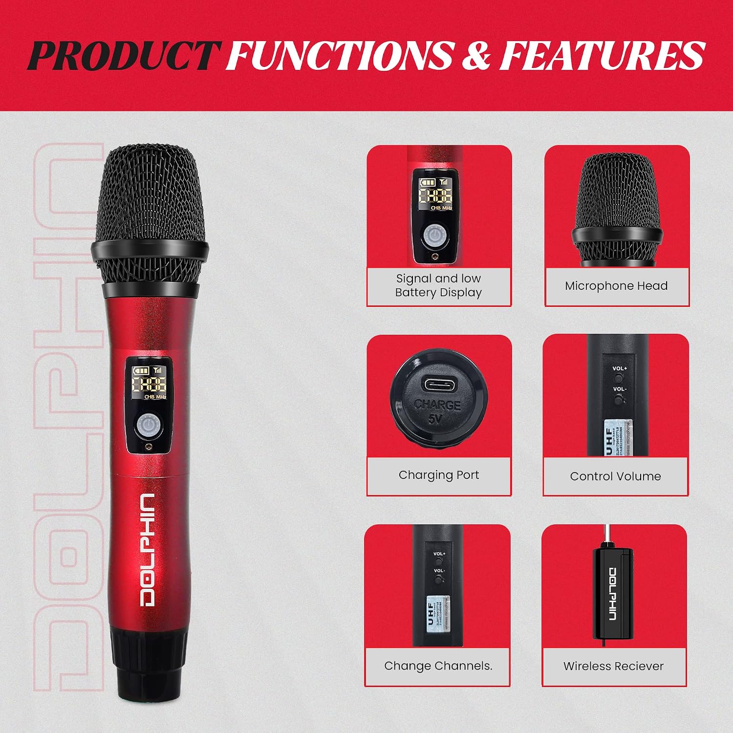 Dolphin MCX11 UHF Wireless Microphone, Rechargeable Karaoke Mic, Red | 50-Channel Anti-Interference, DSP Audio, USB-C Charging, All-Metal Design