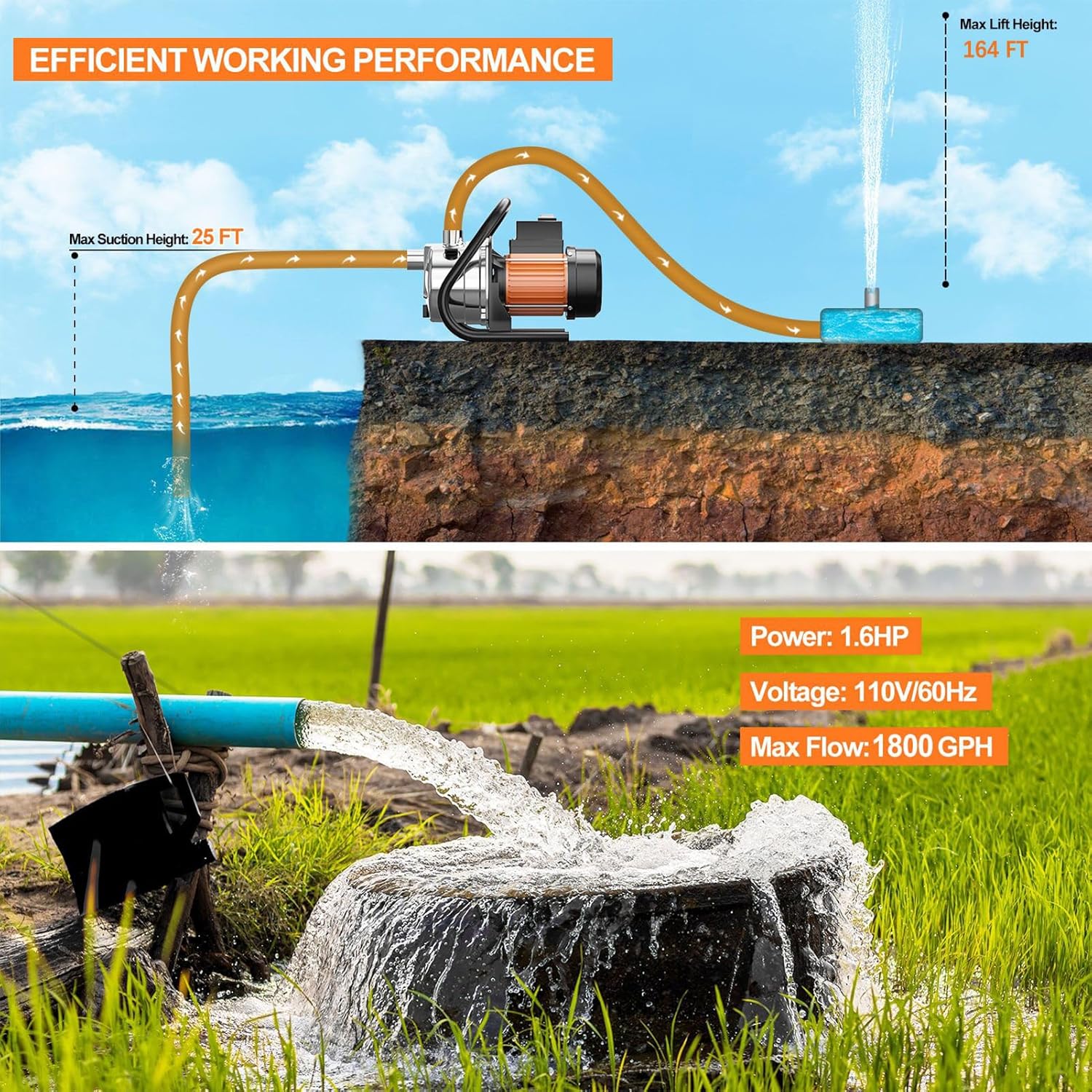 Shallow Well Pump Transfer Water Pump 1.6HP | 110V Garden Pressure Booster Pumps Sprinkler Irrigation Lawn