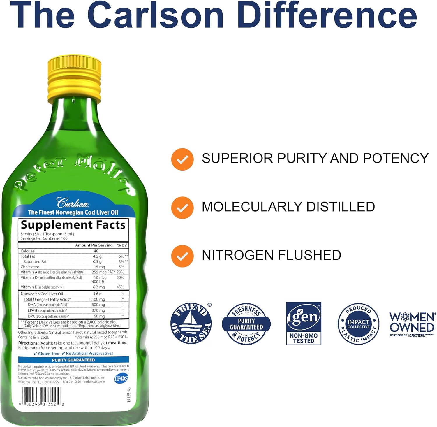 Carlson Cod Liver Oil, 1100 mg, Omega-3s, Lemon, 500 mL (16.9 Fl Oz) | plus Vitamins A and D3; Wild Caught Norwegian Arctic Cod Liver Oil; Sustainably Sourced Nordic Fish Oil Liquid