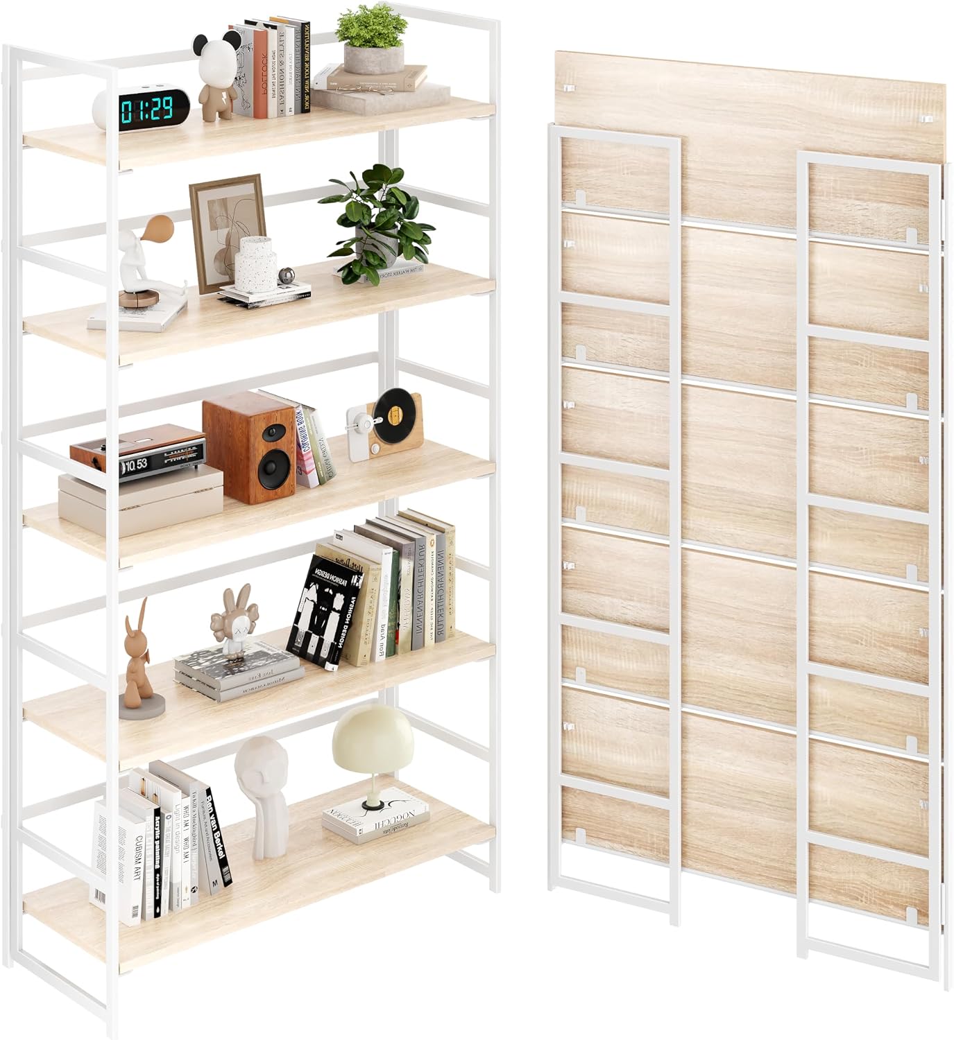 Vintage Multifunctional Folding Bookshelf, No-Assembly Plant Stand Storage Rack Shelves for Home Office (Fire, 5-Tier)