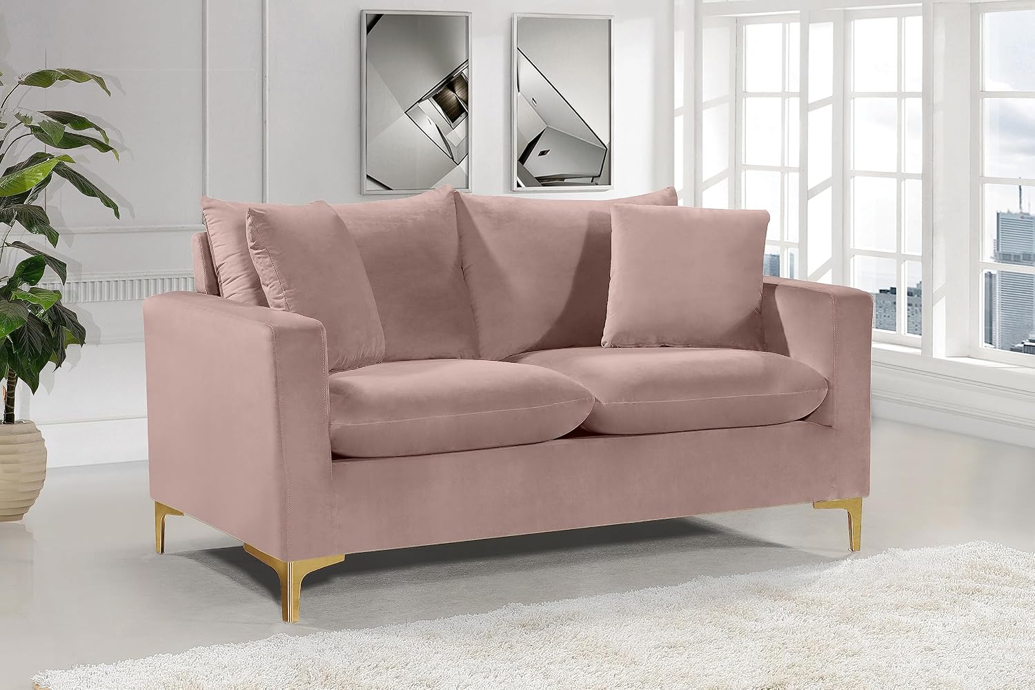 Meridian Furniture Naomi Collection Modern | Contemporary Grey Velvet Upholstered Loveseat with Stainless Steel Base in a Rich Gold or Chrome Finish, 633Grey-L