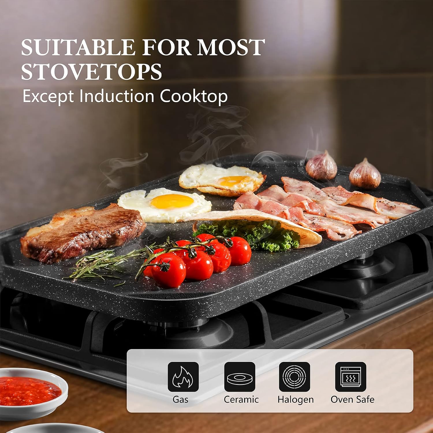 SENSARTE Nonstick Griddle Grill Pan, Pro-Grid Reversible Grill & Griddle Pan, Two Burner Cast Aluminum