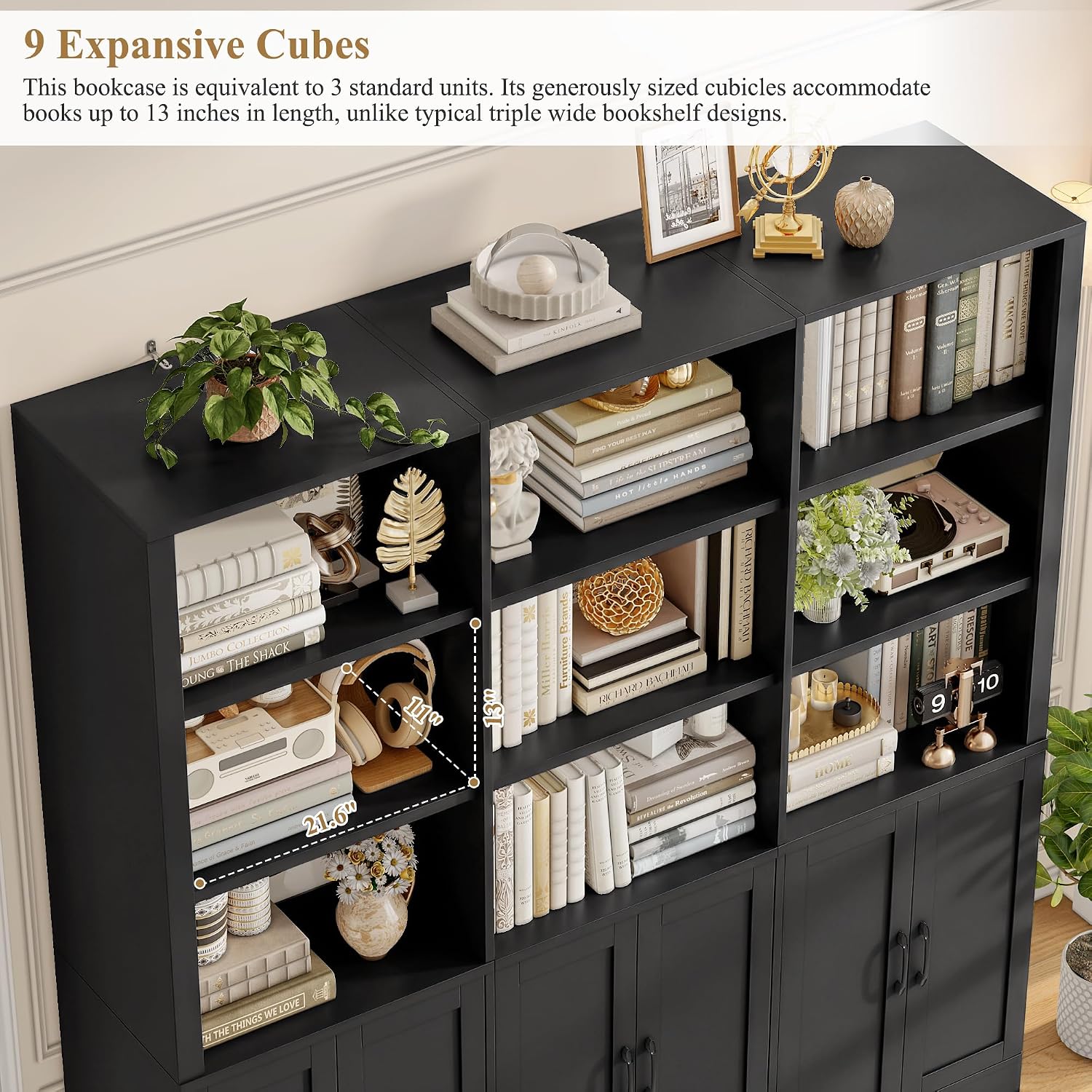 70” H x 63” W Triple Wide Bookshelf, Tall Bookcase with 6 Doors | 5 Tier Book Shelf with 15 Storage Shelves, Tall Book Case Large Bookshelves with Storage Cabinet for Home Office, White