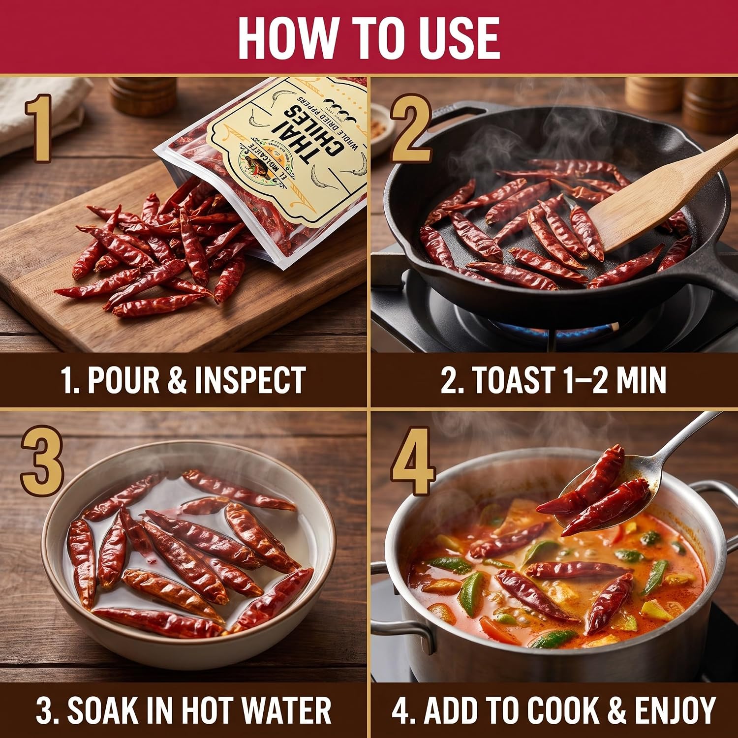 Dried Red Thai Chili Peppers 16oz Whole Hot Asian Chile for Curry Soup | Fiery authentic heat for tom yum, pad thai, ramen, stir fry & chili oil. Bulk bag, all natural. Resealable.