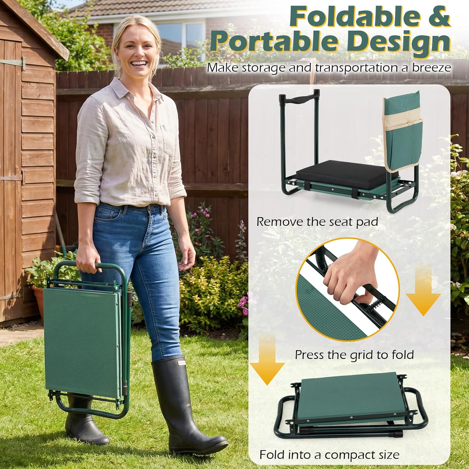 Goplus Garden Kneeler and Seat, Foldable Garden Bench for Kneeling & Sitting, Widened 8" EVA Soft Foam Pad