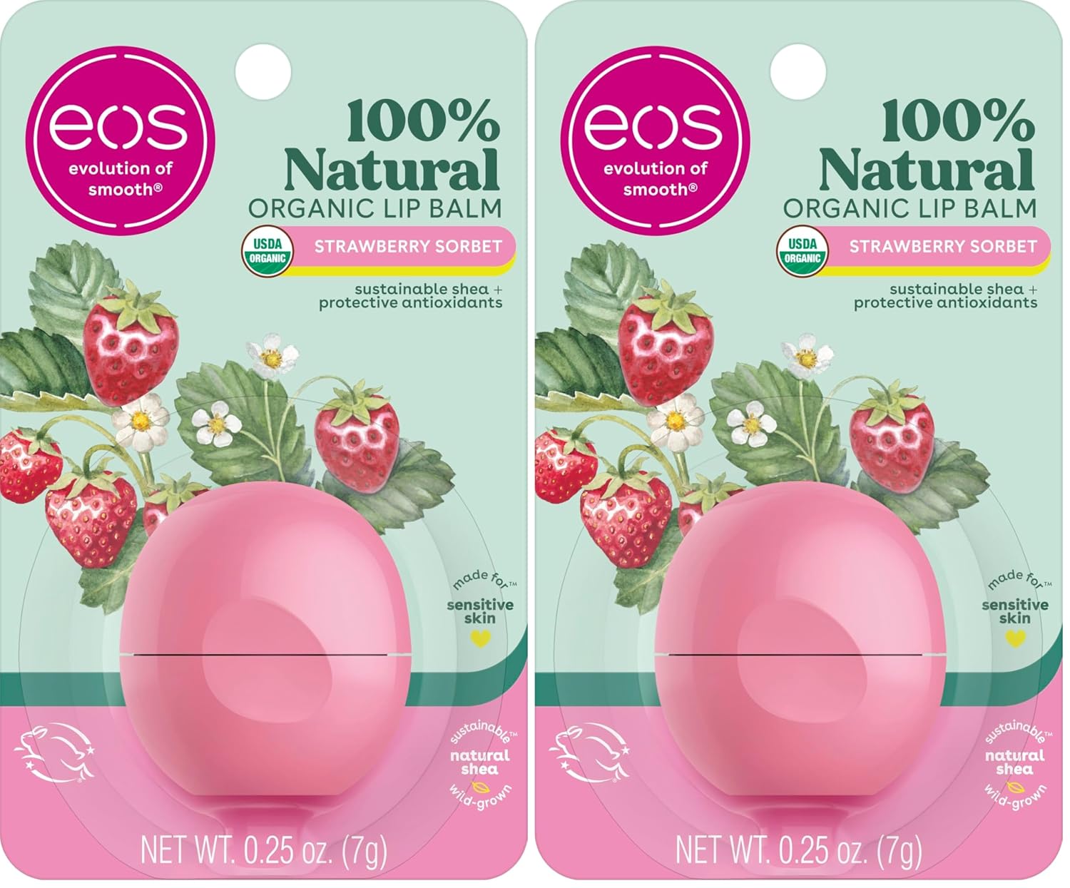 eos 100% Natural & Organic Lip Balm - Strawberry Sorbet, All-Day Moisture, Dermatologist Recommended for Sensitive Skin Care, Lip Care Products, 0.25 oz