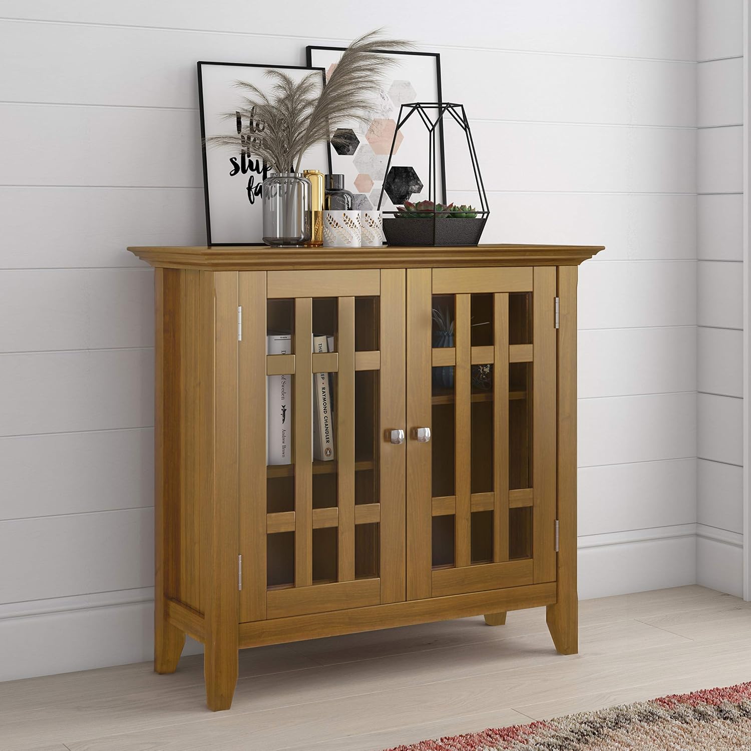 SIMPLIHOME Bedford 62" Wide Solid Wood Sideboard in Brunette Brown | Transitional low media console with glass doors and storage shelves for the living room, entryway or dining room.