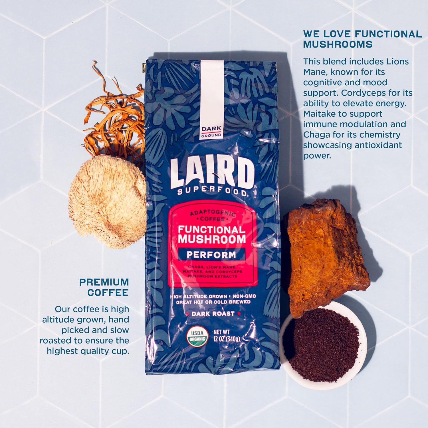 Laird Superfood Peruvian Dark Roast Coffee with Functional Mushrooms, Certified Organic Peruvian Ground Coffee Beans, Gluten-Free, Dairy-Free, Non-GMO