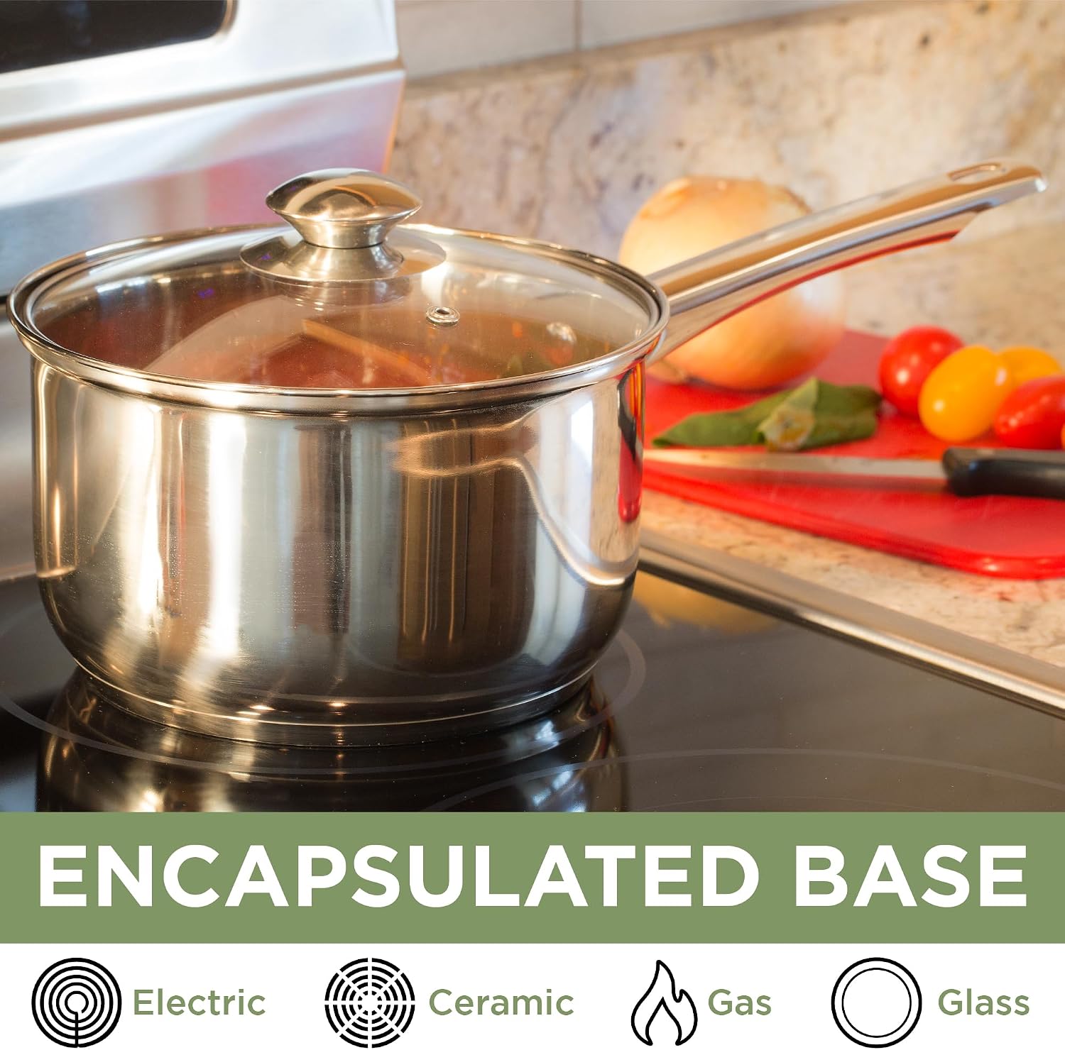 Ecolution Stainless Steel Sauce Pan, Encapsulated Induction Ready Cooking Pot with Glass Lid, Oven Safe, Dishwasher Safe Soup Pot, 2-Quart