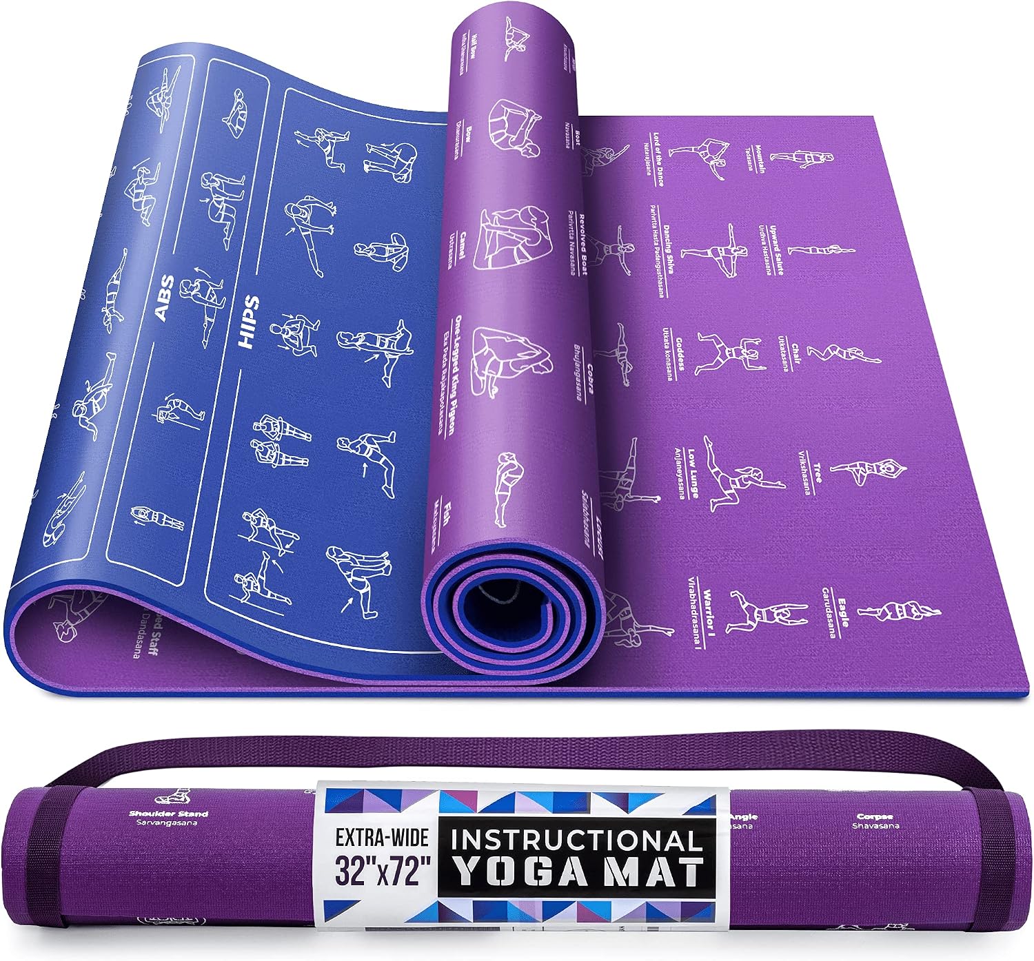Instructional Yoga Mat with Carrying Strap: Cute Yoga Mat with 75 Illustrated Yoga Poses + 75 Easily-Followed Stretching Exercises - 1/4” Thick
