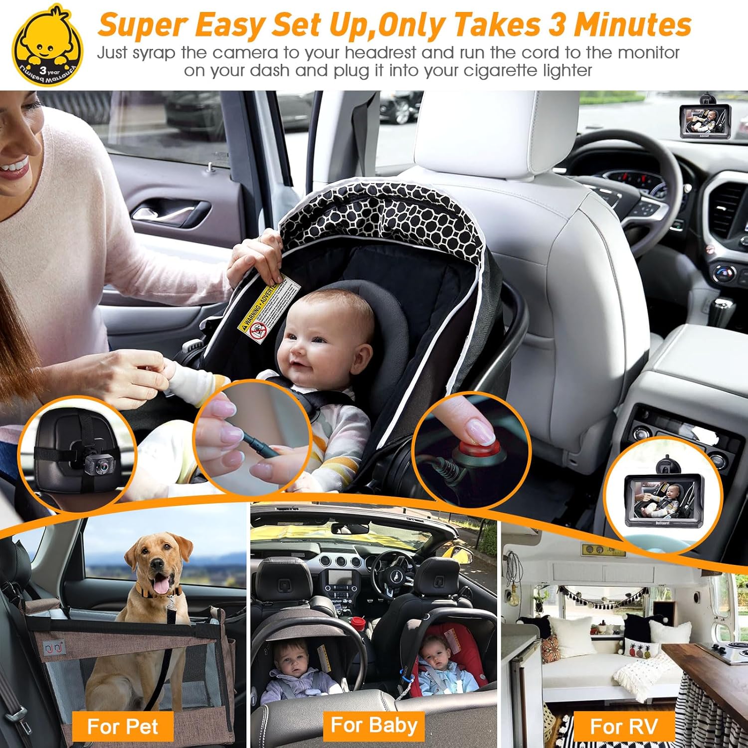 DoHonest Baby Car Camera HD 1080P - Rear-Facing Car Baby Monitor with Night Vision, Adjustable View Angle, Easy Setup, Anti-Glare Display