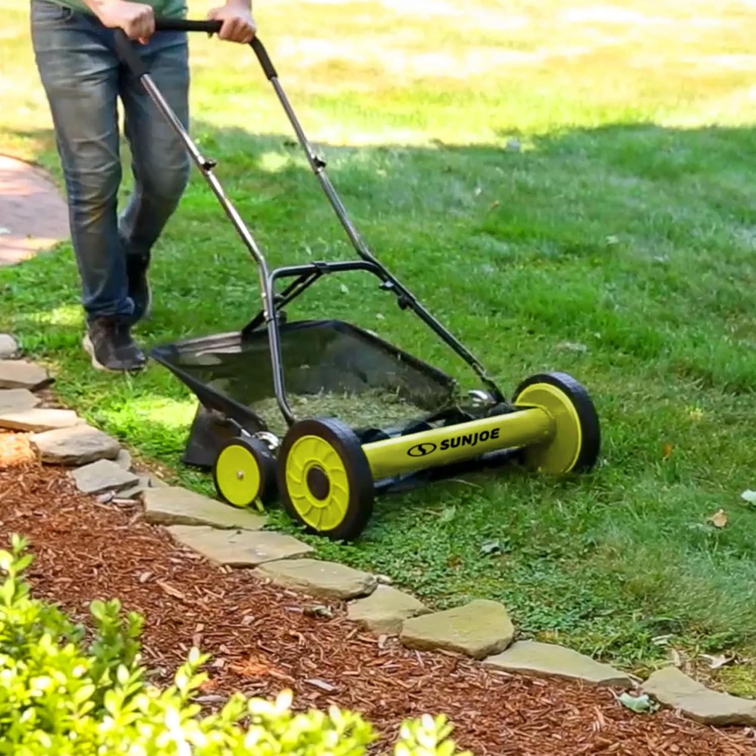 Sun Joe Manual Push Reel Lawn Mower with 6.6-Gal Grass Catcher, 16-Inch Cutting Width - Heavy-Duty Yard Trimmer Machine for Gardening Care and Maintenance, MJ500M