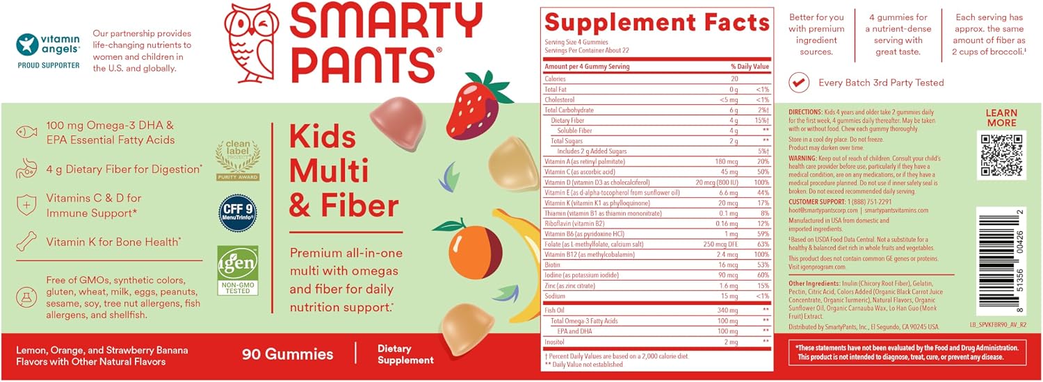 SmartyPants Kids Multivitamin Gummies and Fiber Supplement: Vitamin D3, C, Vitamin B12, B6, A, Zinc, Biotin, Inositol, Fiber Gummies, Three Fruit Flavors, 120 Count (30 Day Supply)