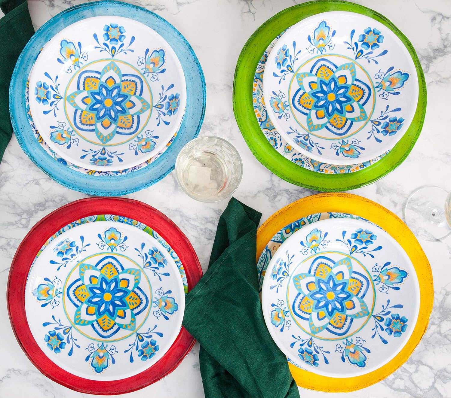 Melamine Dinnerware Set 12 Pcs Durable Dishware Colorful Plate Bowl Set Dishwasher Safe Shatter Proof Chip Resistant Not Microware Not Oven