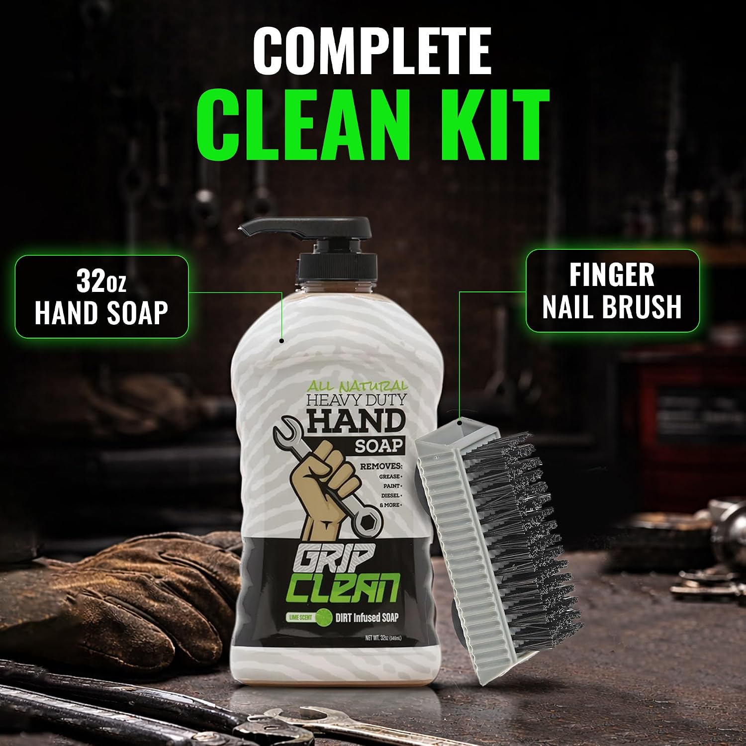 Heavy Duty Liquid Mechanic Hand Cleaner, 32 Fl Oz Pump Top, Nail Brush