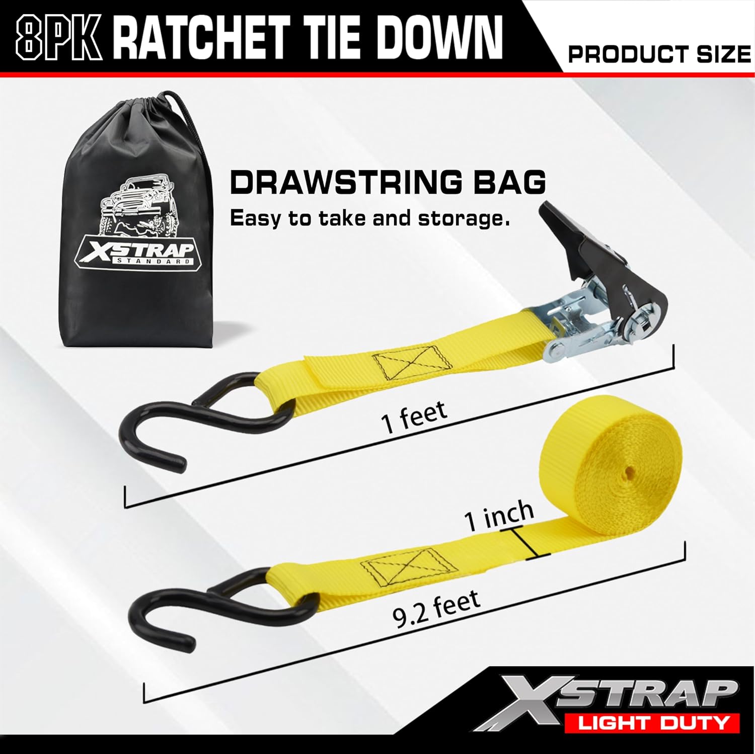 XSTRAP STANDARD 8-PK Ratchet Tie Down Straps, 1" x 10ft Cargo Strap, Yellow