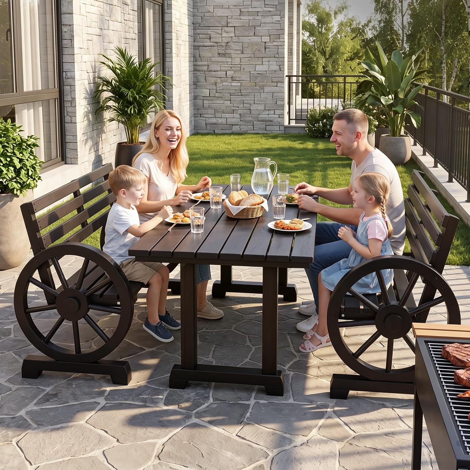 VINGLI Rustic Wooden Wheel Bench Outdoor Bench, Patio Bench Wagon Slatted Seat, Garden Benches for Outdoors 350lbs High Capacity