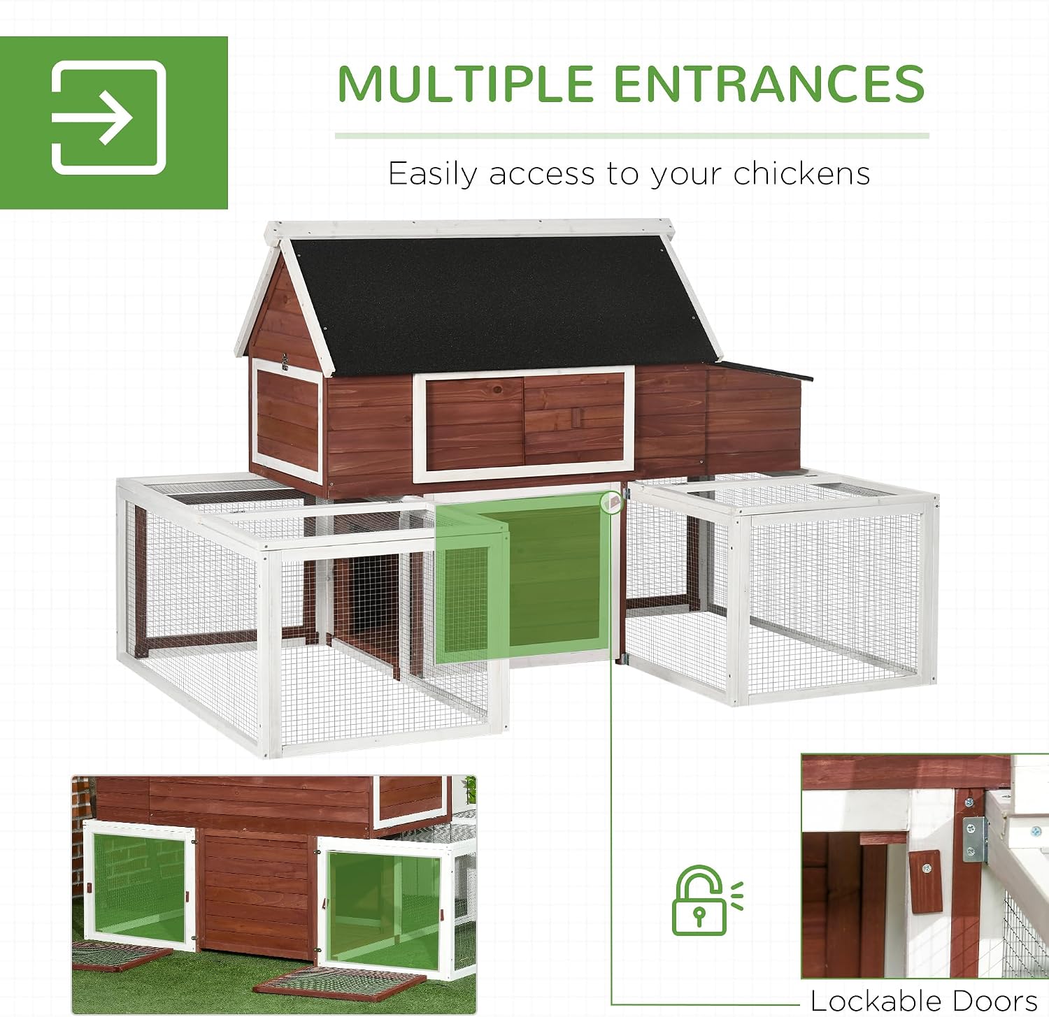 PawHut 114" Chicken Coop Wooden, Customizable Outdoor Chicken Cage Poultry Hen House with Nesting Box, Double Runs, Asphalt Roof, Ramp